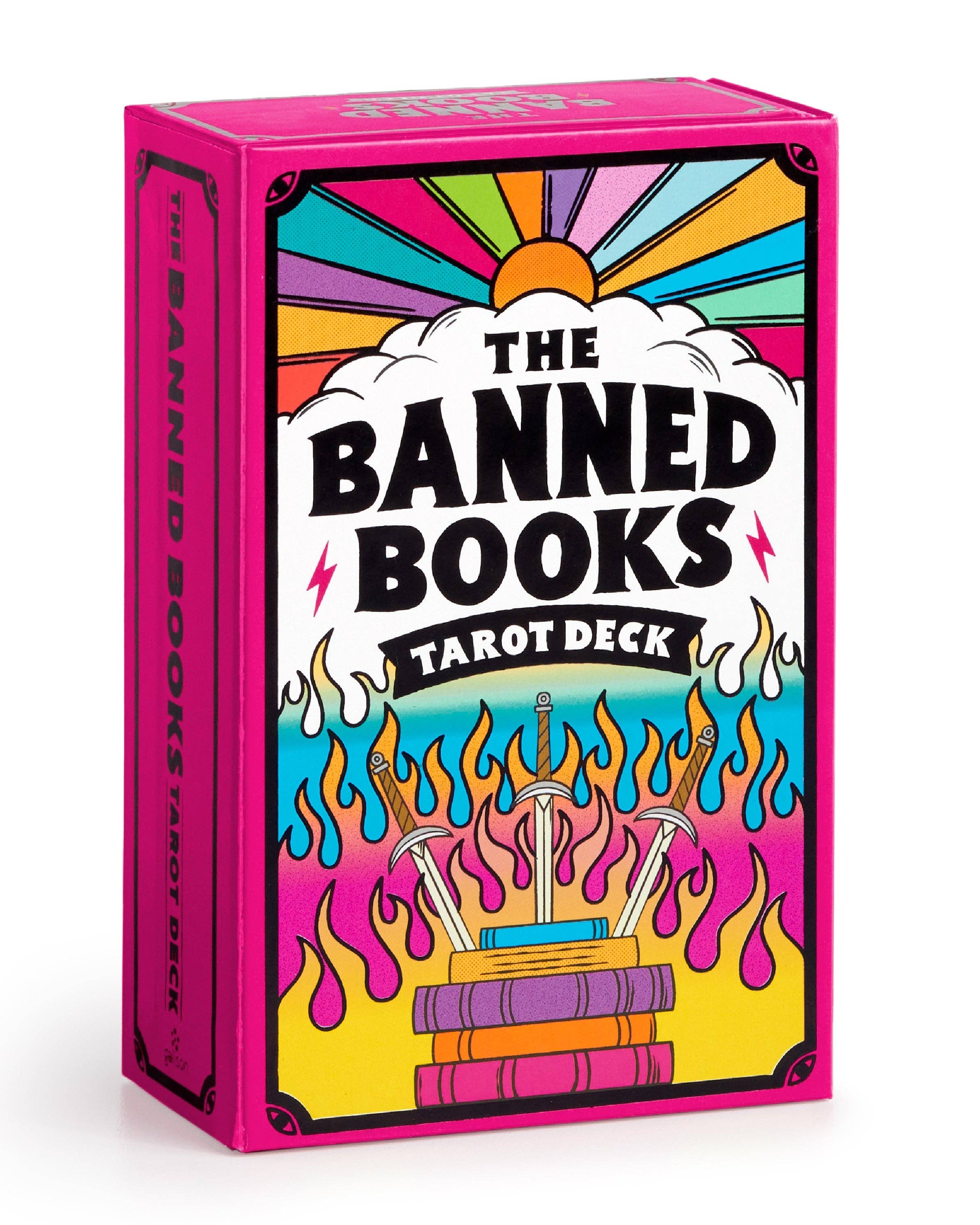 Box of 'The Banned Books Tarot Deck' with colorful design on a white background