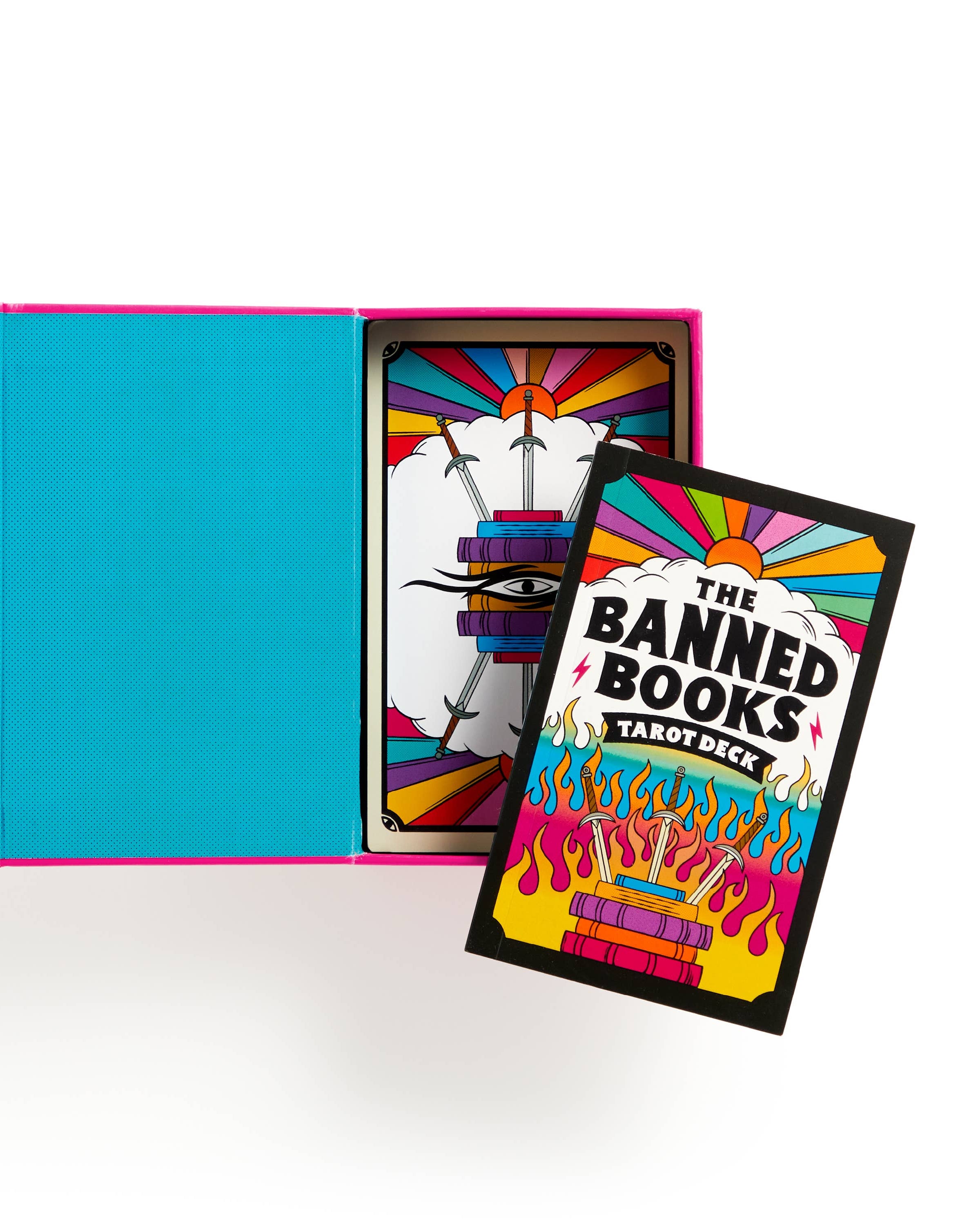 Box of 'The Banned Books Tarot Deck' with colorful design on a white background